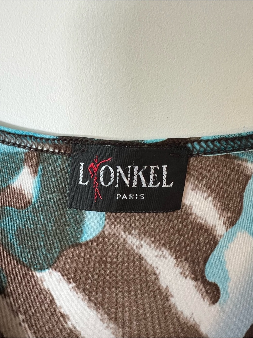 Y2K Lionkel Paris Sleeveless V-Neck Brown and Turquoise Printed Mini Dress - Picture 3 of 6